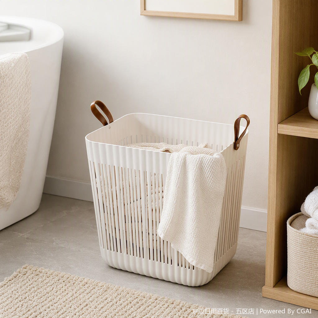 【CL】26Q2#1046 Square dirty clothes basket, multi-functional hand-held plastic basket, 20-liter imitation rattan woven vegetable basket, supermarket shopping storage basket, white striped design details Picture
