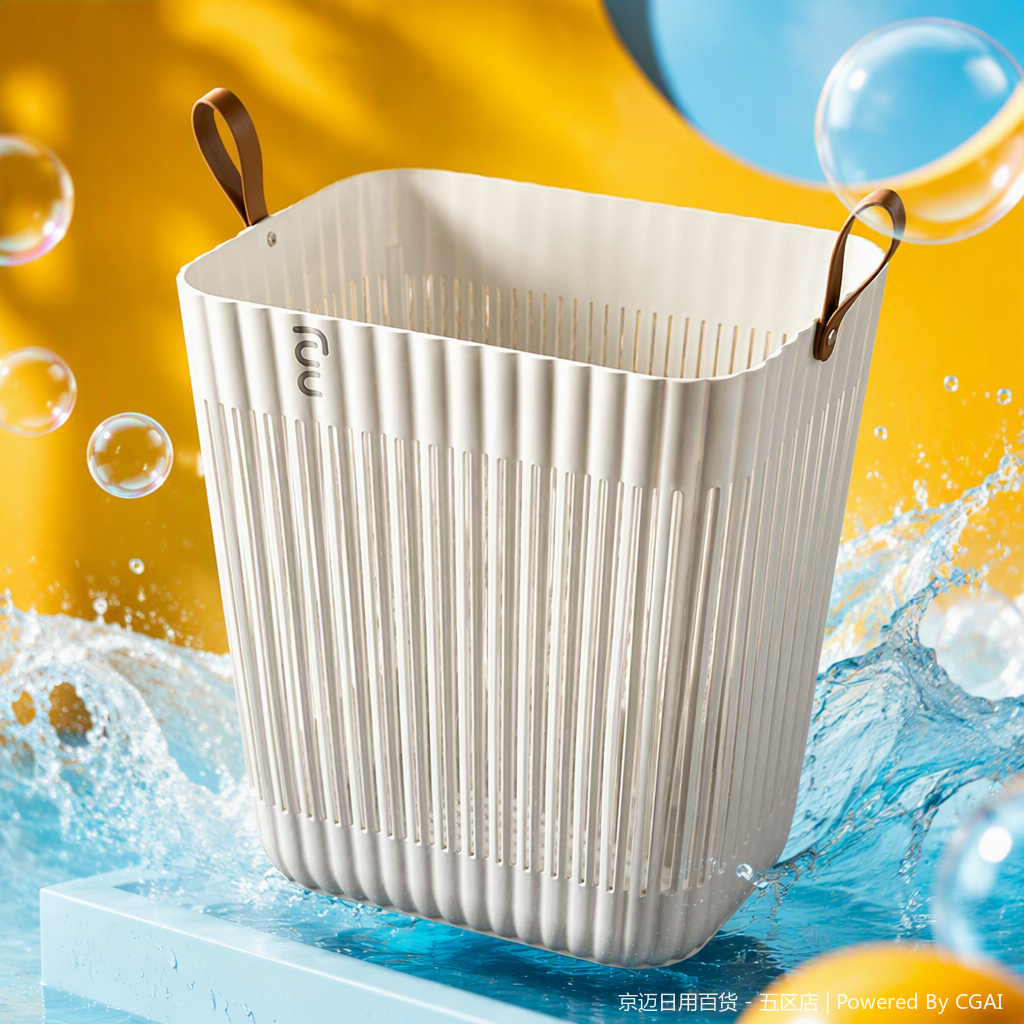 【CL】26Q2#1046 Square dirty clothes basket, multi-functional hand-held plastic basket, 20-liter imitation rattan woven vegetable basket, supermarket shopping storage basket, white striped design Specification image