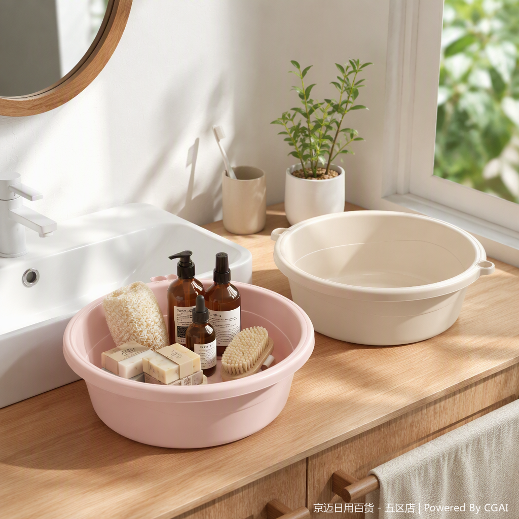 【CL】26Q2#0190 Pink plastic washbasin, beige washbasin, household multi-functional bathroom washbasin, simple and durable hygiene products details Picture