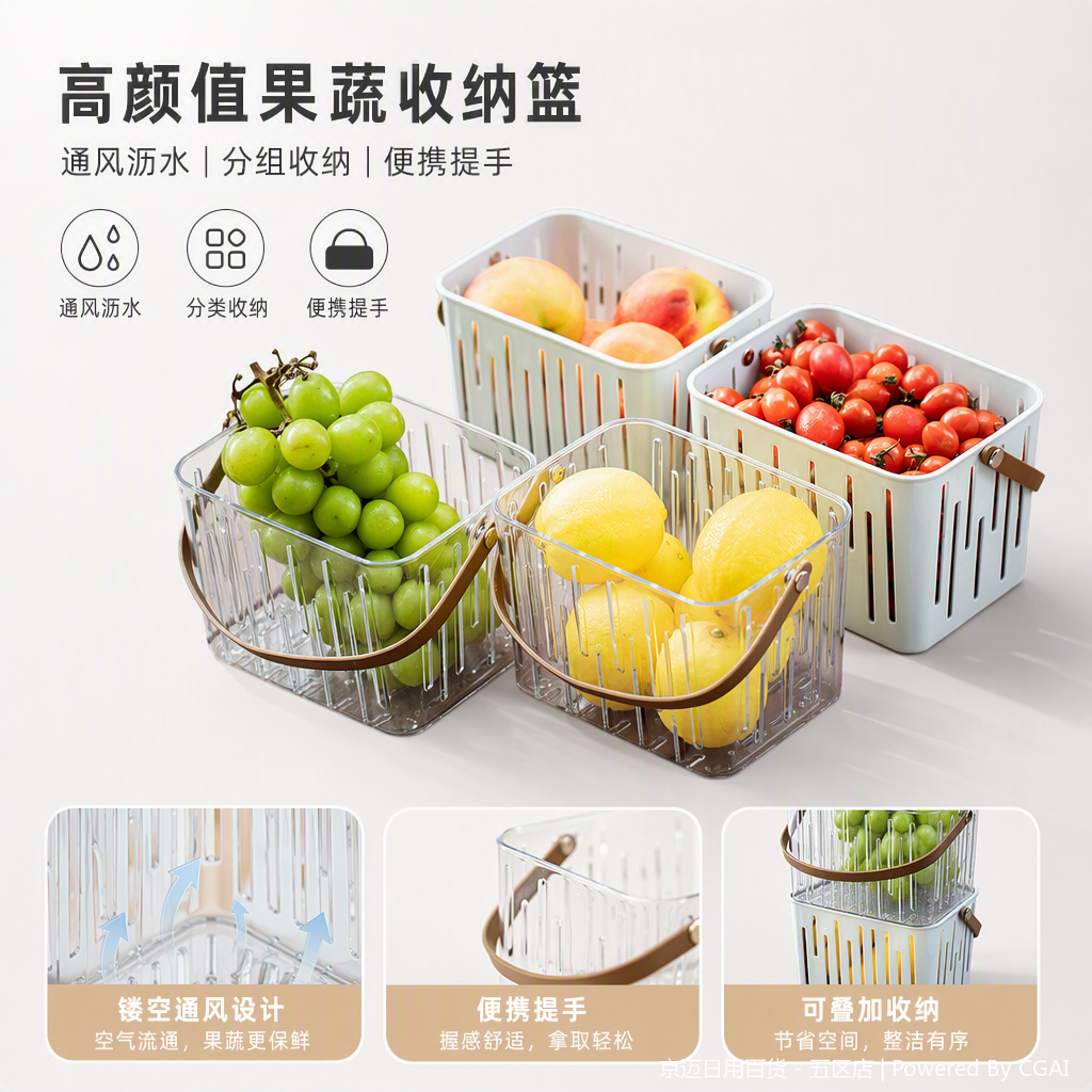 【CL】26Q2#1048 PET Light luxury storage transparent striped plastic storage basket, 20-liter portable fruit and vegetable basket, supermarket shopping basket
