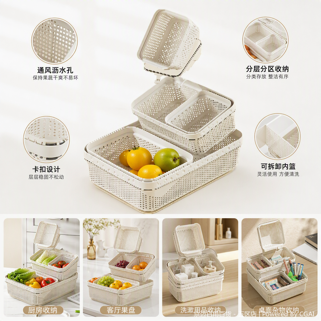 【CL】26Q2#6121 White fruit draining basket, hand-held plastic basket, supermarket shopping basket, multi-functional storage basket, rattan woven storage basket, vegetable washing basin, plastic basin, vegetable washing basket