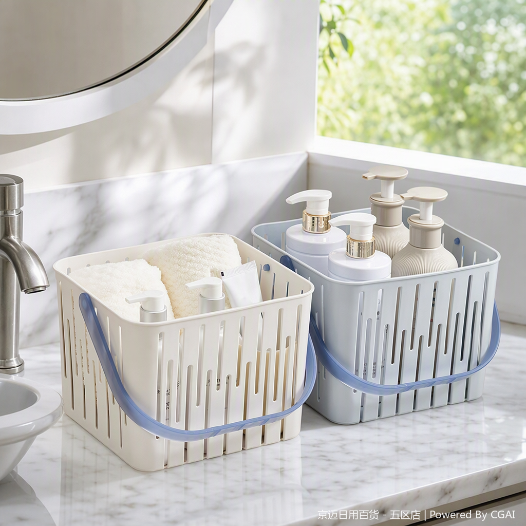 【CL】26Q2#1054 Light Luxury Storage basket, multi-functional bath basket, white light blue plastic with handle, containing bath products, simple and practical bath storage box details Picture