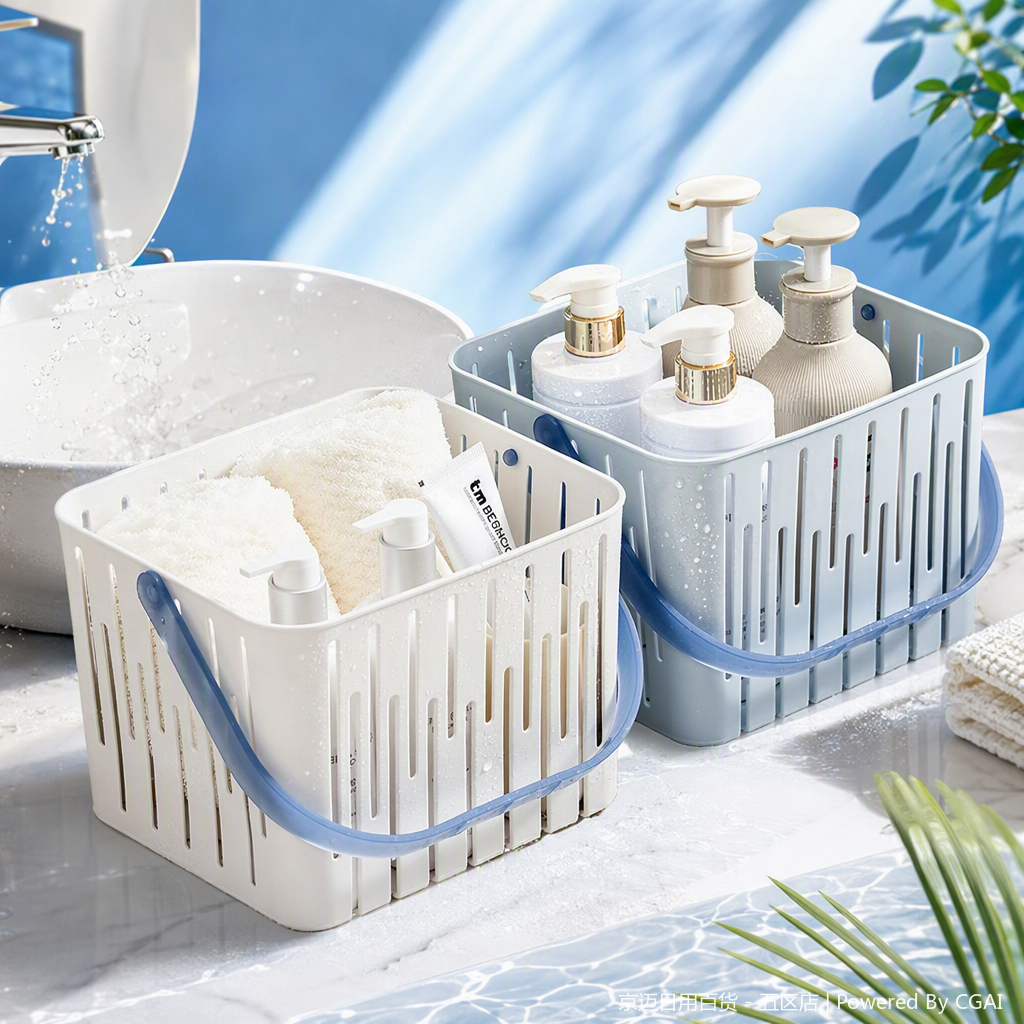 【CL】26Q2#1054 Light Luxury Storage basket, multi-functional bath basket, white light blue plastic with handle, containing bath products, simple and practical bath storage box Specification image