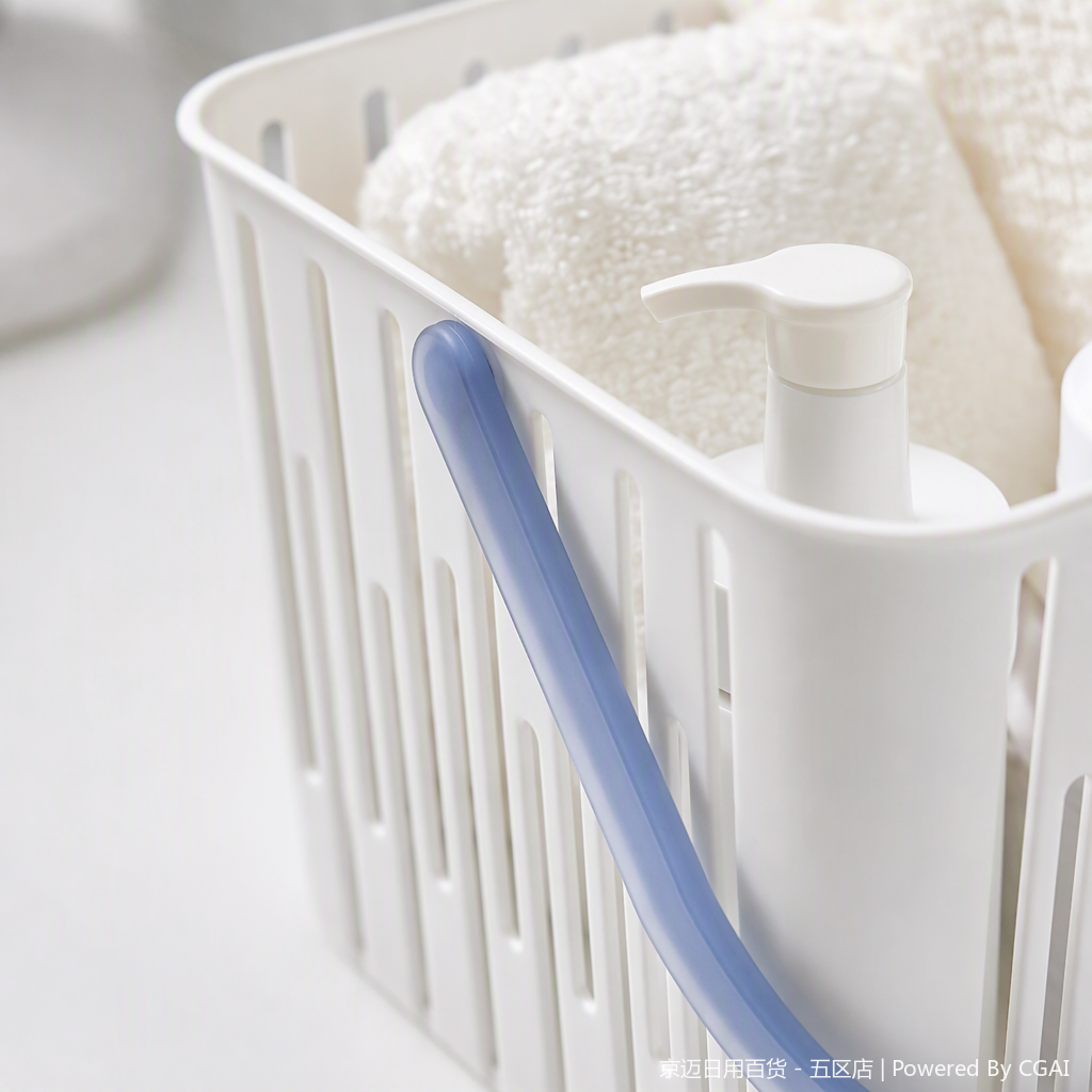 【CL】26Q2#1054 Light Luxury Storage basket, multi-functional bath basket, white light blue plastic with handle, containing bath products, simple and practical bath storage box Application Scenario