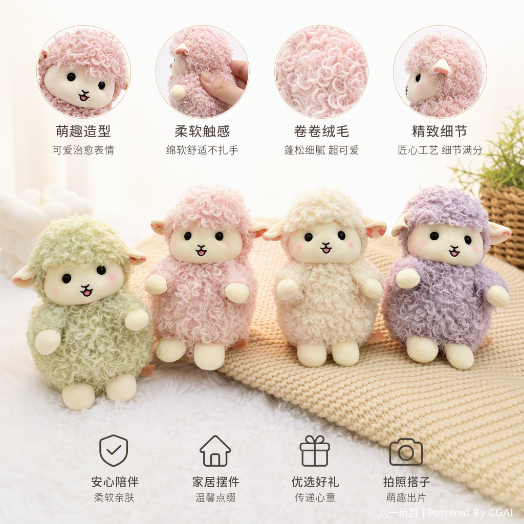 Colorful curly little sheep plush dolls, cute throw pillows, plush toys, children's gifts, cloth dolls, stuffed toys, cotton candy, bleating plush toys, cute cartoon stuffed toys, ornaments, wholesale for foreign trade, Year of the Goat souvenirs, cultural and creative products Application Scenario