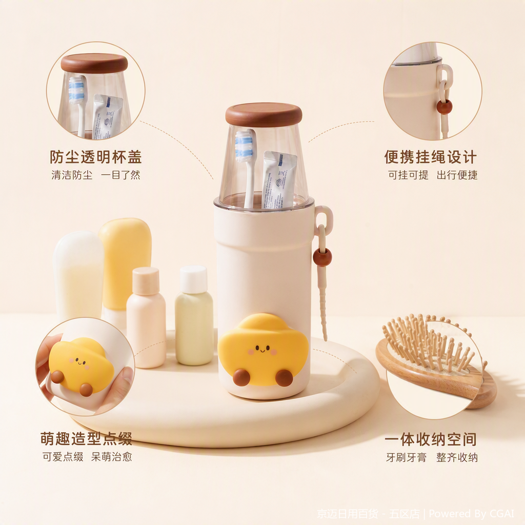 【CL】26Q2#0183 meters white children's toothbrush storage cup with yellow small car-shaped decoration, multi-functional toiletries storage box, children's toothbrush holder, cute and practical details Picture