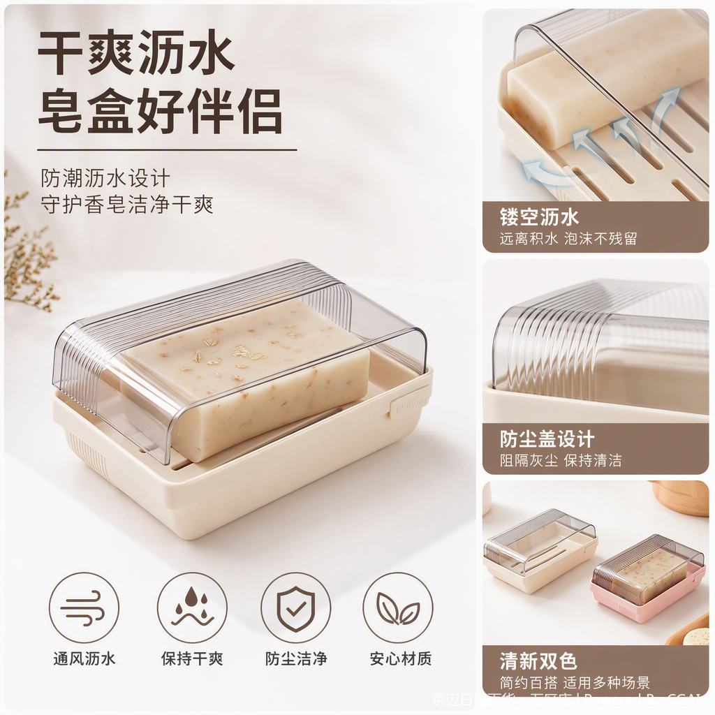 【CL】26Q2#0199 Pink and off-white soap box with transparent lid, containing oat granule soap, toiletries, storage and organization supplies, home decoration