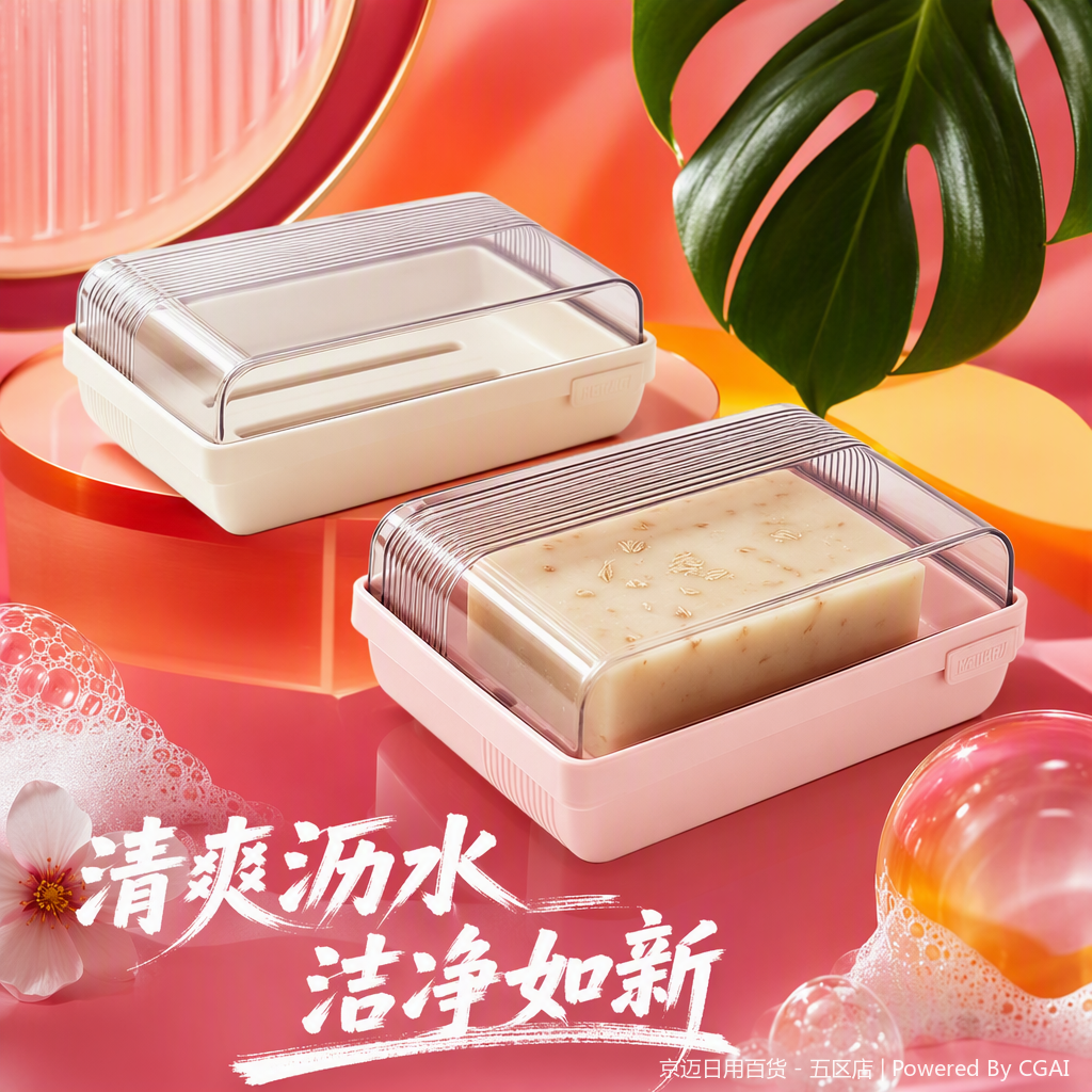 【CL】26Q2#0199 Pink and off-white soap box with transparent lid, containing oat granule soap, toiletries, storage and organization supplies, home decoration Specification image