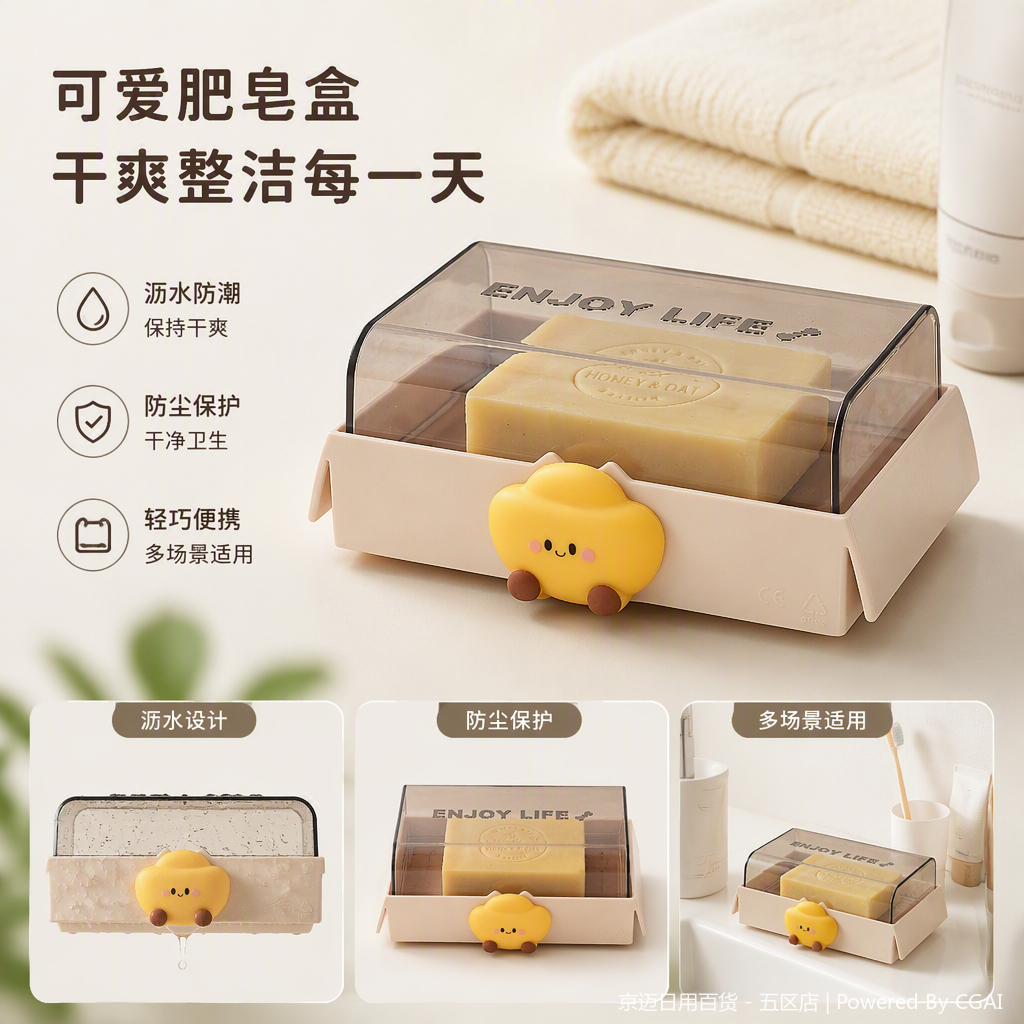 【CL】26Q2#0188 Beige Ceramic soap box with Lid foaming net storage set Household bathroom products Soap rack grid design