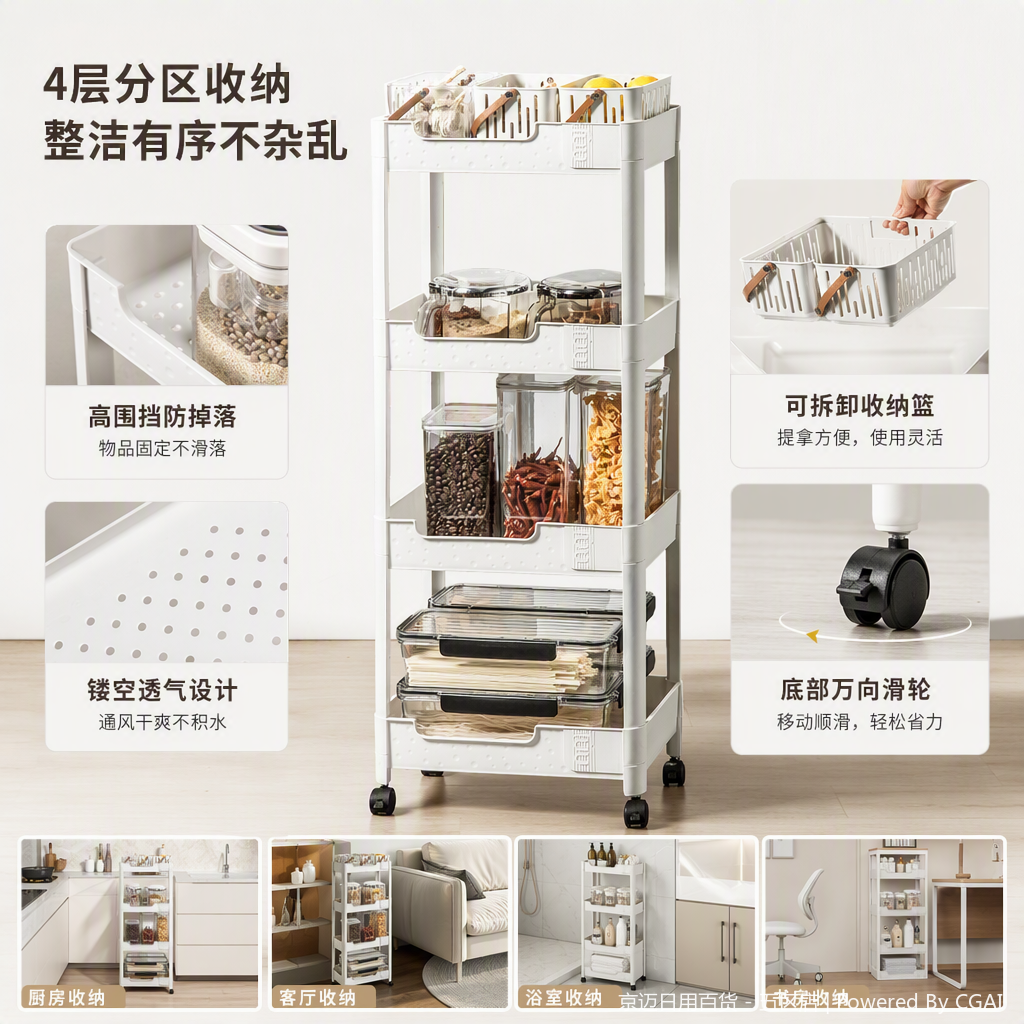 【CL】26Q2#3059 White multi-layer wheeled storage rack, simple coat rack, shelf storage cabinet, multi-functional storage rack, home organization rack