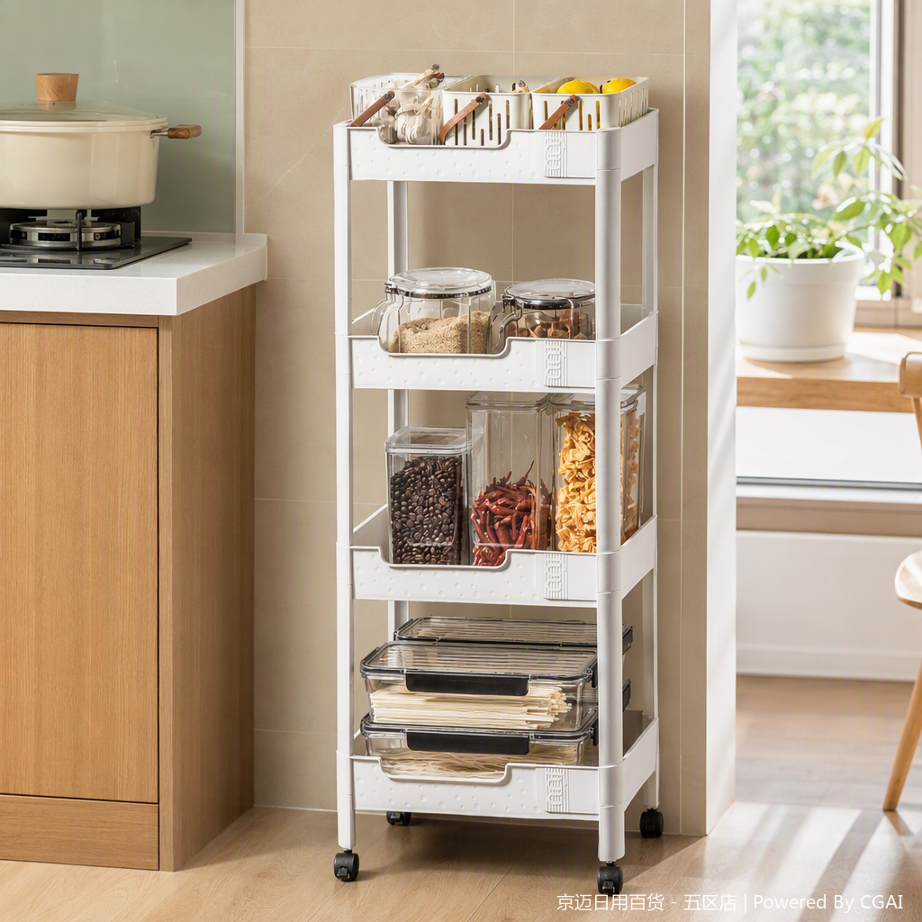 【CL】26Q2#3059 White multi-layer wheeled storage rack, simple coat rack, shelf storage cabinet, multi-functional storage rack, home organization rack details Picture
