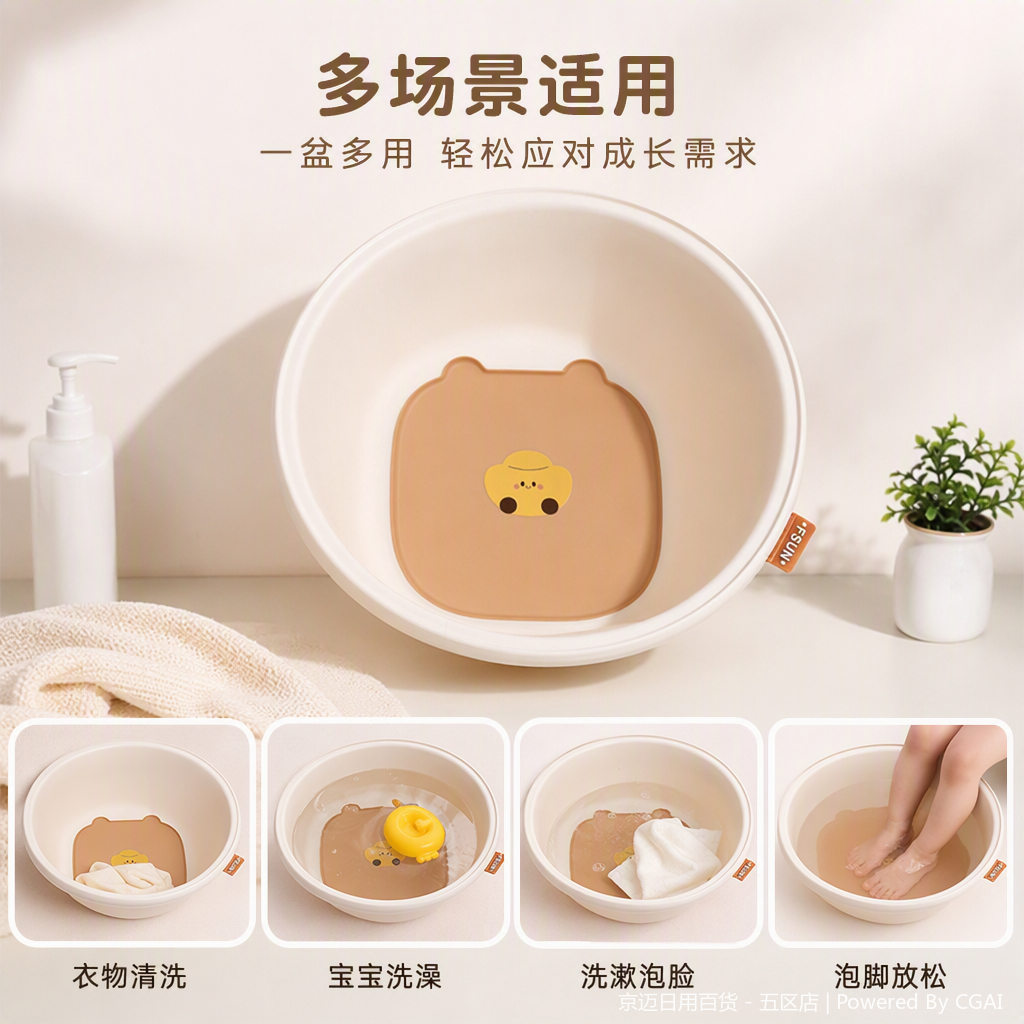 【CL】 26Q2#0181 Beige cartoon bear patterned plastic washbasin, a multi-purpose household and children's bathroom product, durable and practical