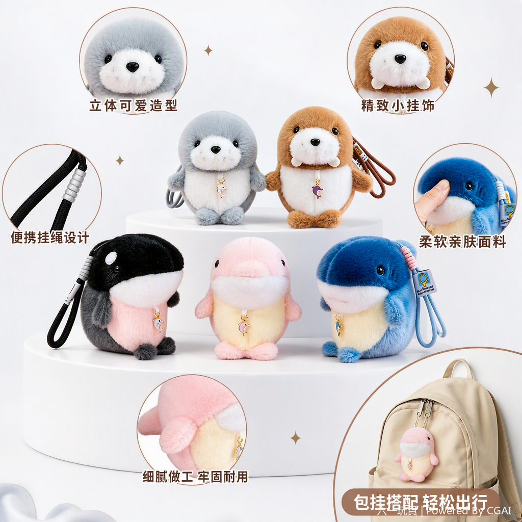 Five types of Marine animal schoolbags, keychains, pendants, decorations, plush dolls, figurines, export batch, creative souvenirs, pink five types of Marine animal plush pendants, keychains, sand dolls, mirrors, portable accessories, and a relaxed bear style Specification image