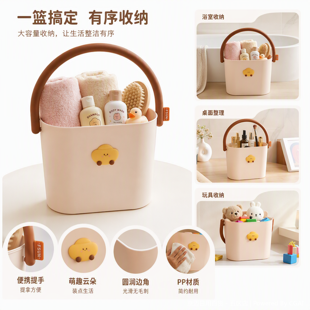 【CL】 26Q2#0185 Multi-functional portable plastic basket, 20-liter rattan-like woven bathroom storage basket, towel, shampoo, bath brush, little yellow duck organizing basket