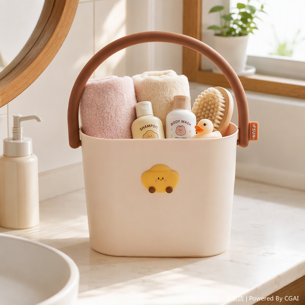 【CL】 26Q2#0185 Multi-functional portable plastic basket, 20-liter rattan-like woven bathroom storage basket, towel, shampoo, bath brush, little yellow duck organizing basket details Picture