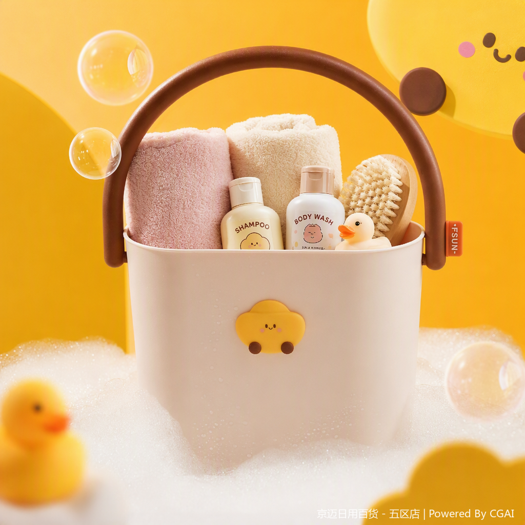 【CL】 26Q2#0185 Multi-functional portable plastic basket, 20-liter rattan-like woven bathroom storage basket, towel, shampoo, bath brush, little yellow duck organizing basket Specification image