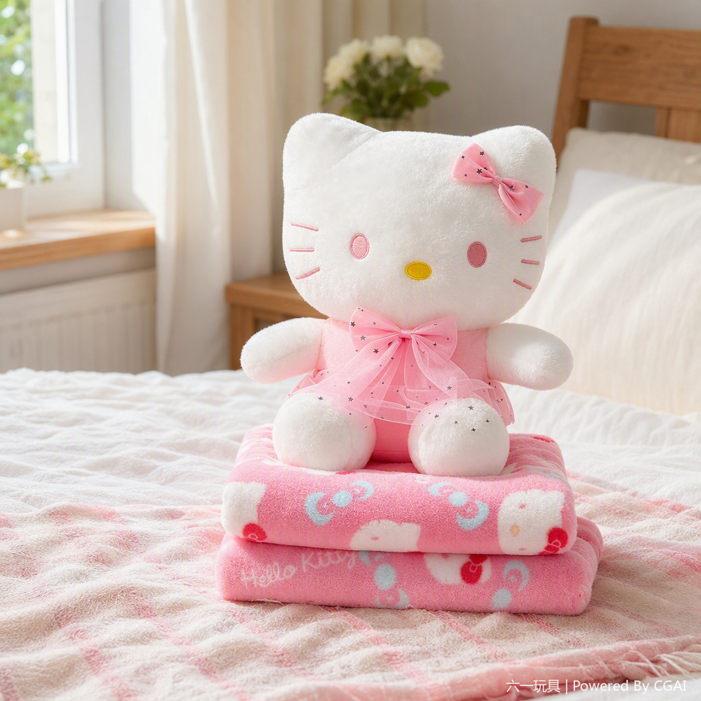 وكانت مكيفات الهواء المصنوعة من الفراء القطني (KT) على أغطية قيلولة الأطفال الممتعة (Hello Kitty iti) جالسة على بطانية المطبوعة على مجموعة هدايا اللعب الثلاثية الأبعاد من دمى الزفاف الممزوجة details Picture