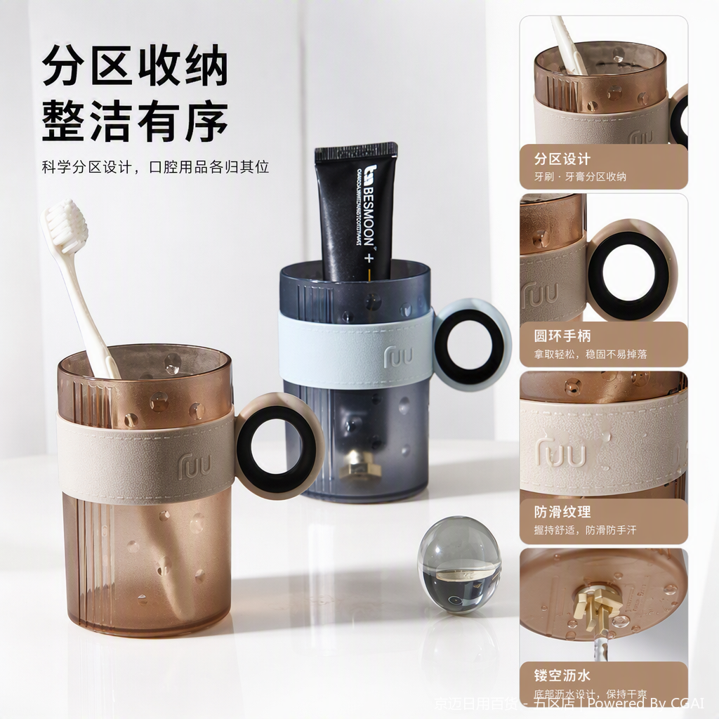 【CL】26Q2#2038 Multi-functional toothbrush cup, grey toothbrush cup with toothpaste box, travel portable toiletries, storage and organization supplies