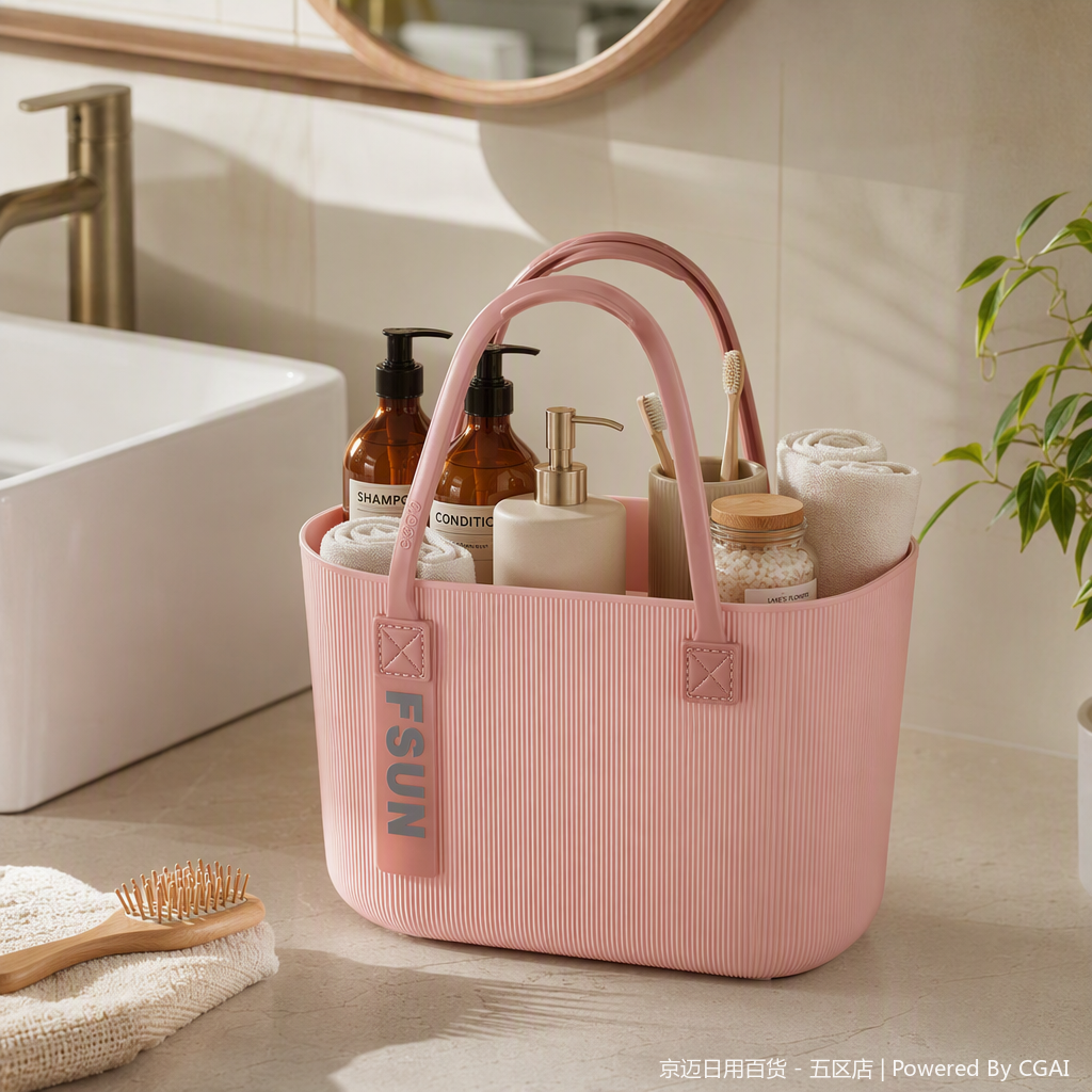 【CL】26Q2#0192 Pink striped portable storage basket, beige striped portable plastic storage basket, supermarket shopping basket, 20-liter portable vegetable basket, rattan-like woven bamboo storage basket details Picture