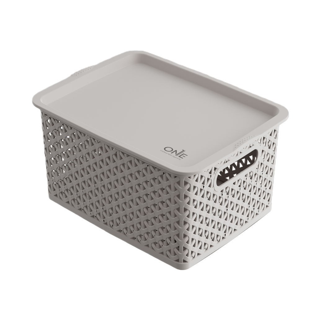 【CL】26Q2#1151 Grey woven texture covered hand-held plastic basket, multi-functional storage vegetable basket, imitation rattan woven basket, home organizing supplies Item Picture