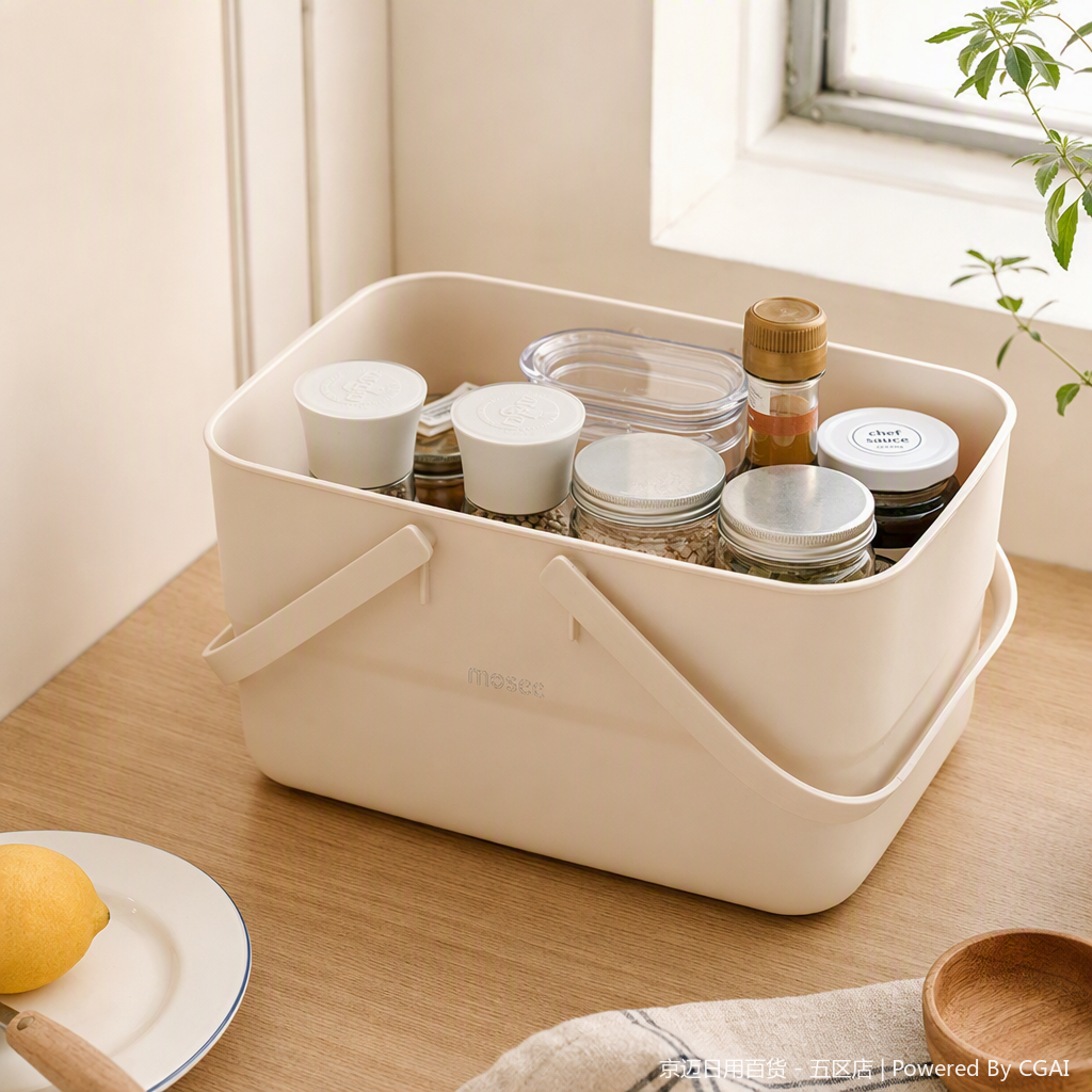 【CL】25Q4#2522 meters white hand-held plastic storage basket, multi-functional storage basket, rattan woven tape organizing basket, household storage box details Picture