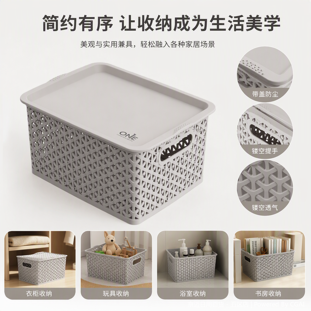 【CL】26Q2#1151 Grey woven texture covered hand-held plastic basket, multi-functional storage vegetable basket, imitation rattan woven basket, home organizing supplies