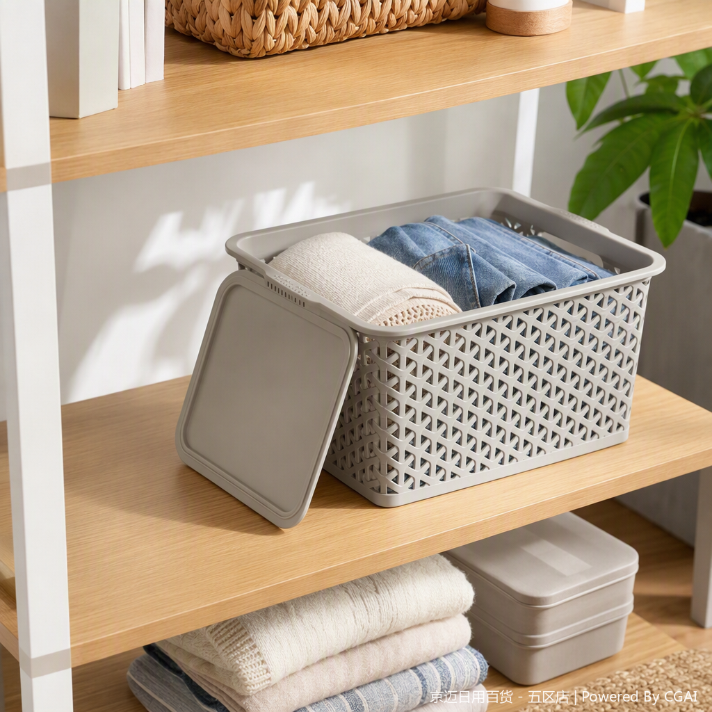 【CL】26Q2#1151 Grey woven texture covered hand-held plastic basket, multi-functional storage vegetable basket, imitation rattan woven basket, home organizing supplies details Picture