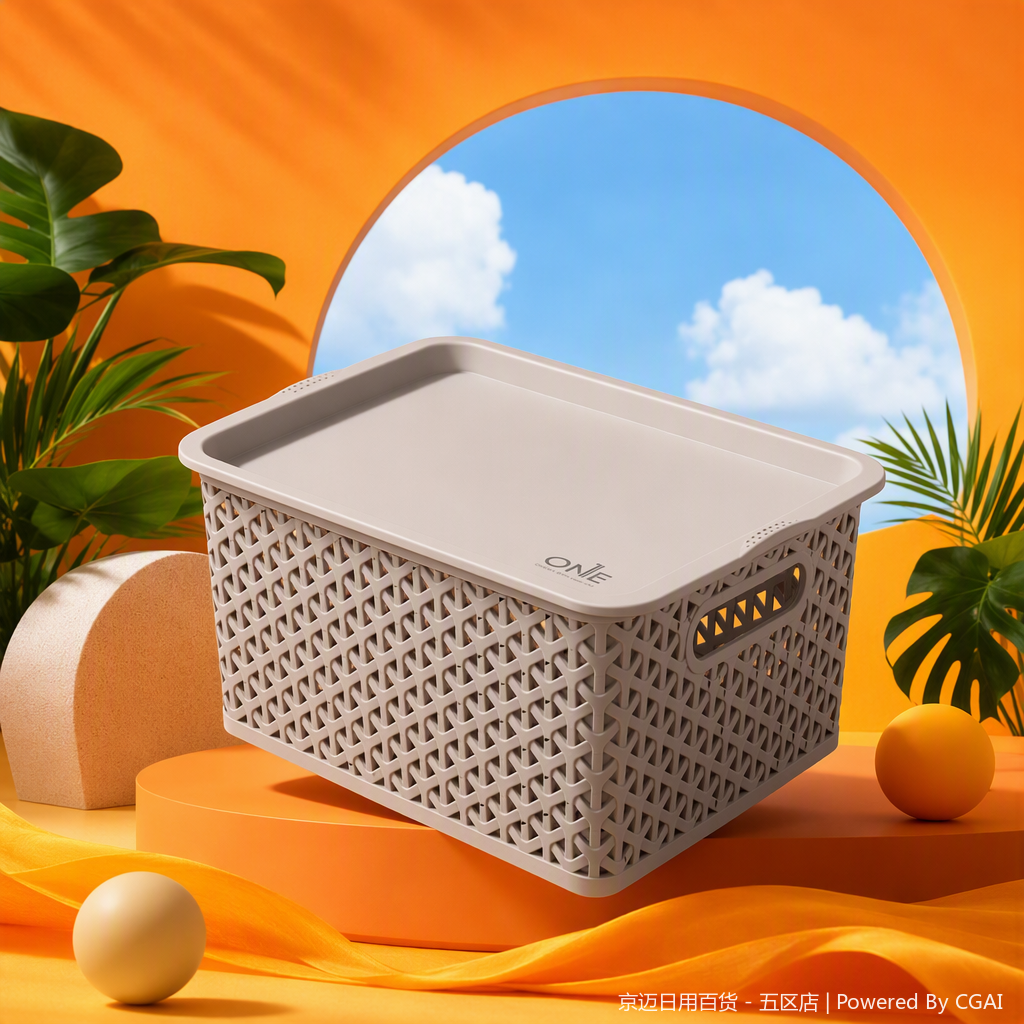 【CL】26Q2#1151 Grey woven texture covered hand-held plastic basket, multi-functional storage vegetable basket, imitation rattan woven basket, home organizing supplies Specification image