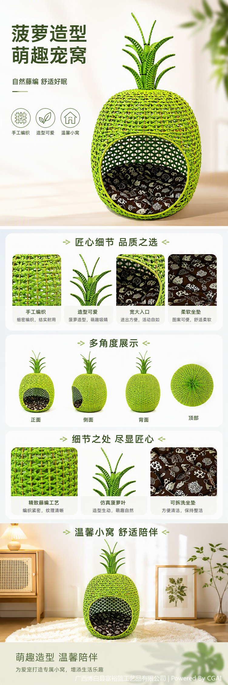 Green woven pineapple-shaped pet bed with brown cartoon pads, rattan woven cat and dog beds, pet supplies, cat beds, dog beds, pet beds, cat cages, pet beds pic 1