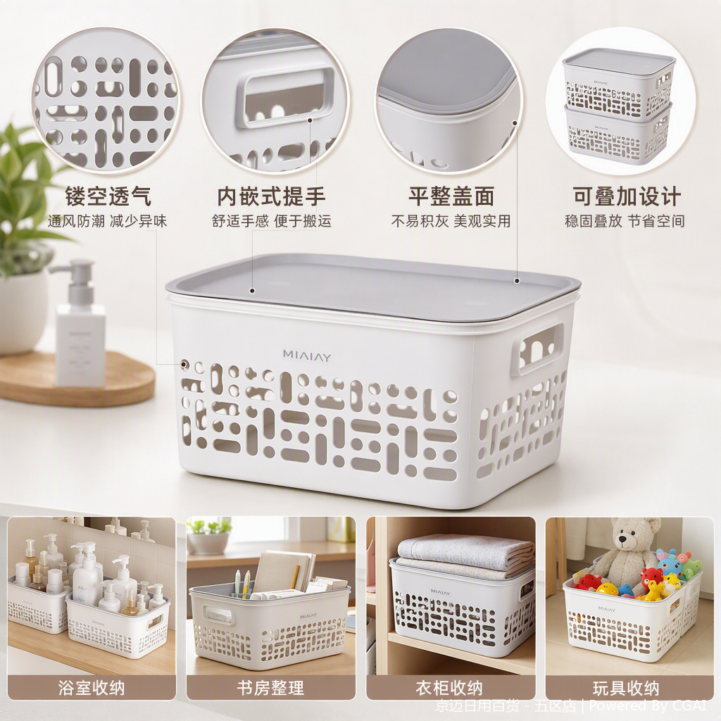 【CL】26Q1#1502 White covered hand-held plastic basket, multi-functional storage basket, wicker-like woven vegetable basket, organizing box, household storage container