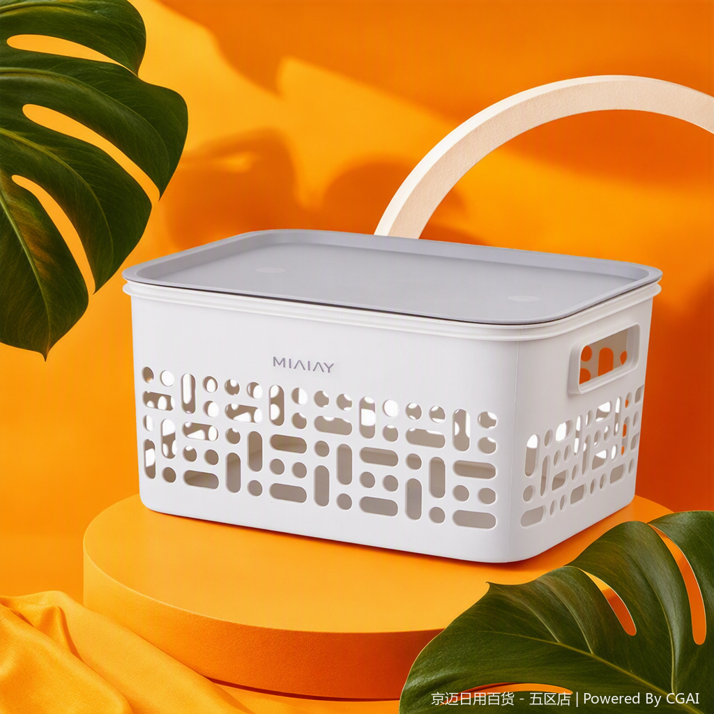 【CL】26Q1#1502 White covered hand-held plastic basket, multi-functional storage basket, wicker-like woven vegetable basket, organizing box, household storage container Specification image