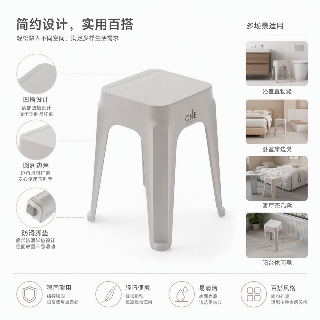 【CL】26Q2#1901 Durable anti-slip white off-white plastic stool, a simple, lightweight and multi-purpose plastic chair for home, office and leisure