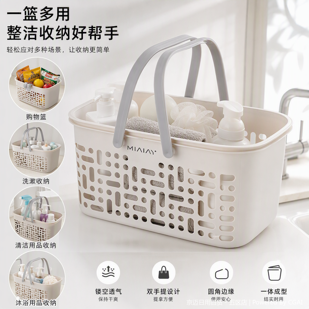 【CL】26Q1#1501 White plastic storage basket with double handles, hand-held vegetable basket, imitation rattan woven storage basket, multi-functional organizing basket, household storage box
