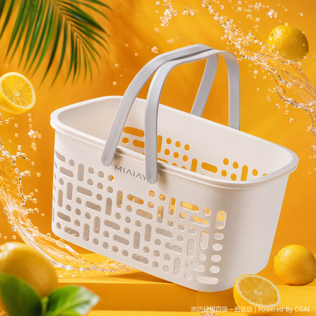 【CL】26Q1#1501 White plastic storage basket with double handles, hand-held vegetable basket, imitation rattan woven storage basket, multi-functional organizing basket, household storage box Specification image