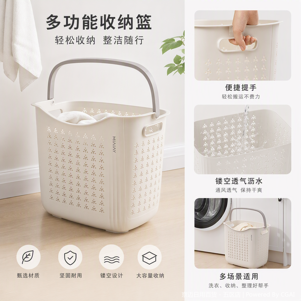 【CL】26Q1#1503 meter white hand-held plastic basket with handle, multi-functional storage basket, rattan-like woven storage basket, household organizing supplies