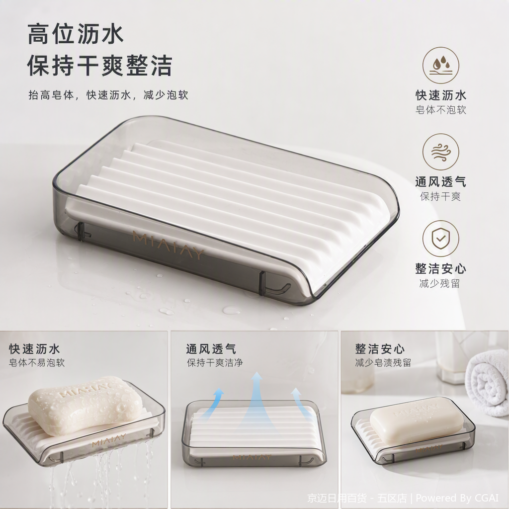 【CL】26Q1#2112T Ceramic soap box, grey transparent soap box with white striped draining layer, simple bathroom supplies storage rack