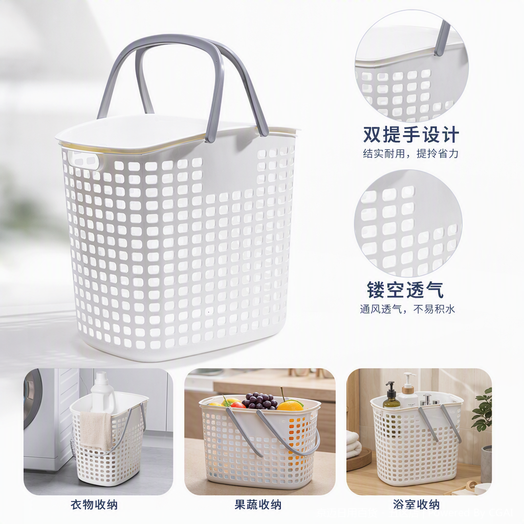 【CL】26Q1#8017D White perforated plastic storage basket, hand-held vegetable basket, imitation rattan woven tape storage basket, woven basket, bamboo storage basket, grey handle lid, multi-functional organizing box