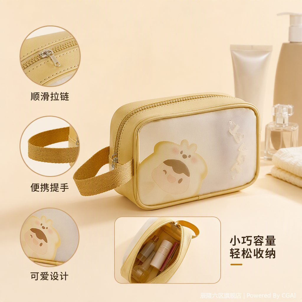 【CL】 26Q2#021 Beige cartoon large storage bag, multi-functional toiletries organizing bag, luggage and clothes storage bag
