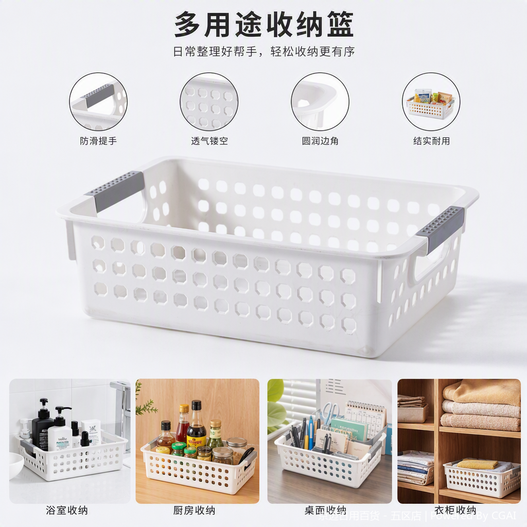 【CL】26Q1#3009D multi-functional white plastic hand-held rattan woven storage basket, household organizing basket, kitchen vegetable basket with woven belt and bamboo storage basket