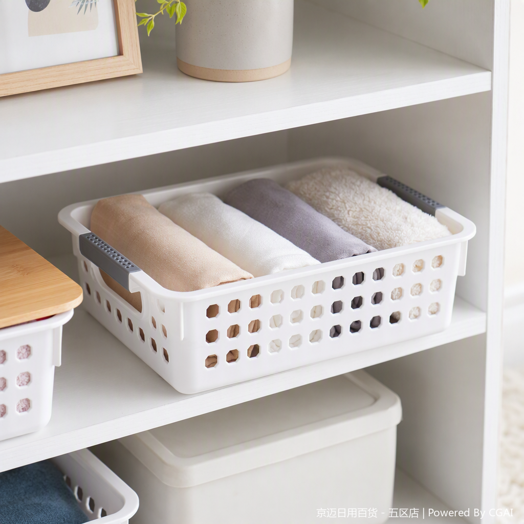 【CL】26Q1#3009D multi-functional white plastic hand-held rattan woven storage basket, household organizing basket, kitchen vegetable basket with woven belt and bamboo storage basket details Picture