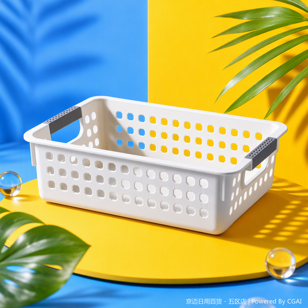 【CL】26Q1#3009D multi-functional white plastic hand-held rattan woven storage basket, household organizing basket, kitchen vegetable basket with woven belt and bamboo storage basket Specification image