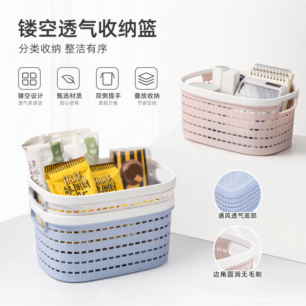 【CL】26Q1#3071D Blue and pink two-color hollowed-out hand-held rattan woven storage basket, multi-functional storage basket, home organizing basket
