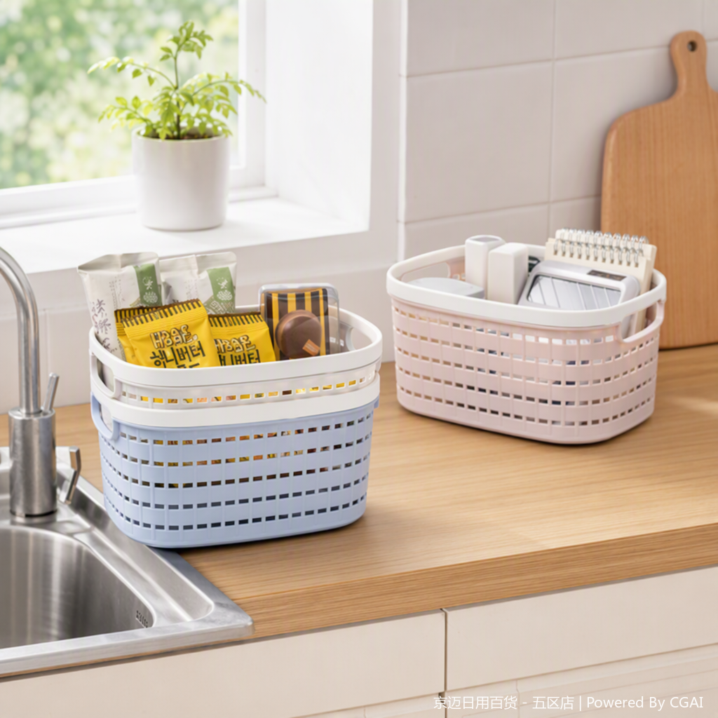 【CL】26Q1#3071D Blue and pink two-color hollowed-out hand-held rattan woven storage basket, multi-functional storage basket, home organizing basket details Picture