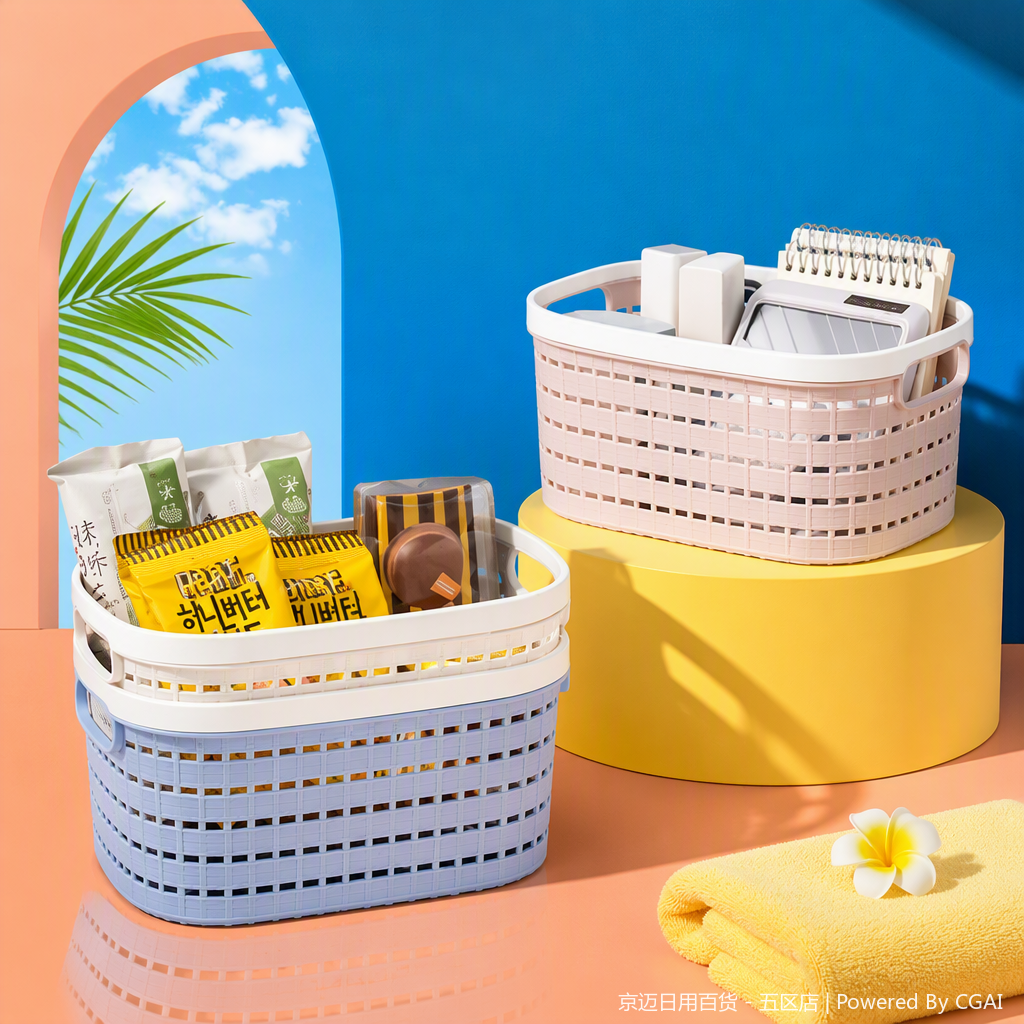 【CL】26Q1#3071D Blue and pink two-color hollowed-out hand-held rattan woven storage basket, multi-functional storage basket, home organizing basket Specification image