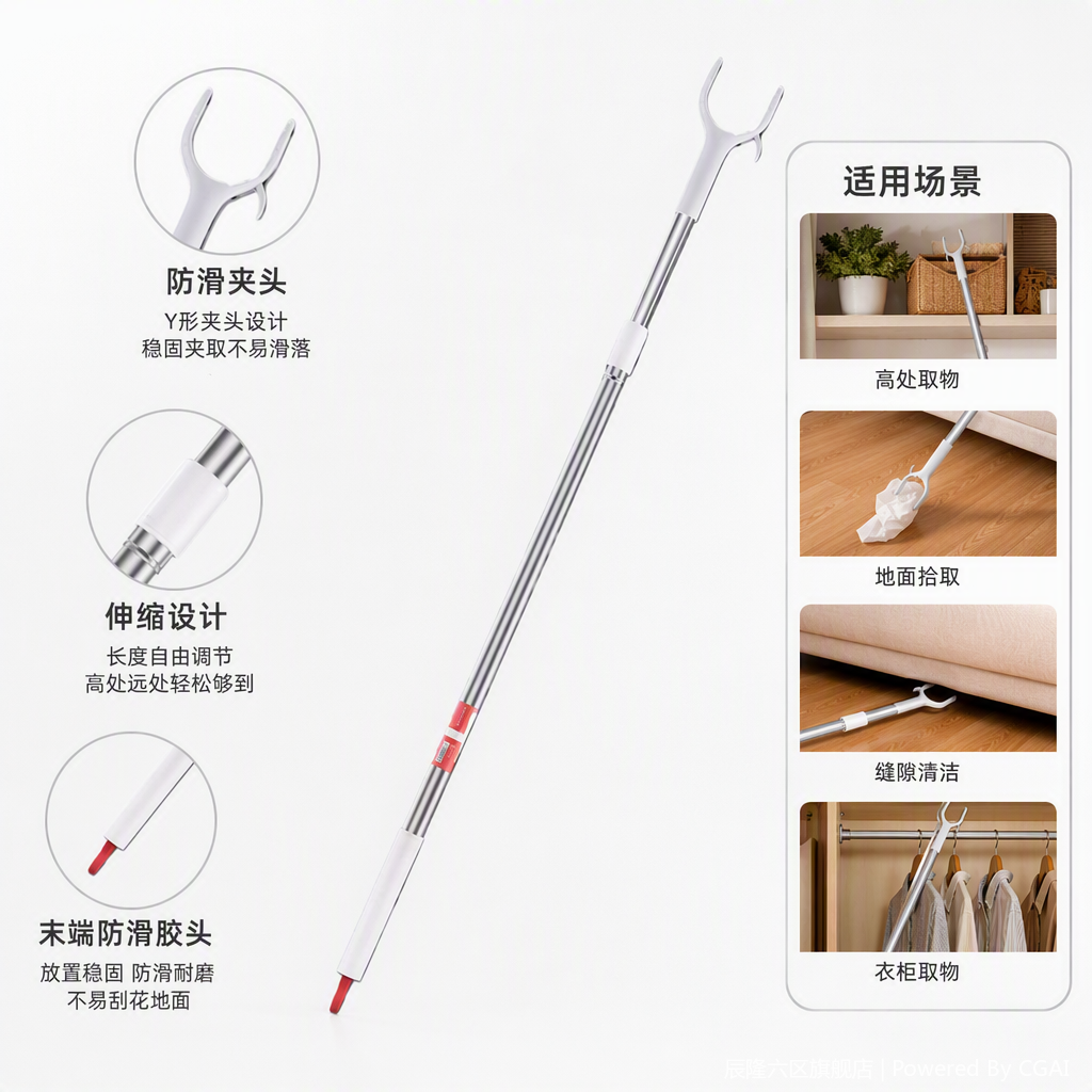 【CL】26Q2#Y2 银色伸缩晾衣杆白色手柄Y形夹头多功能浴室挂衣叉推伸杆衣架挂钩