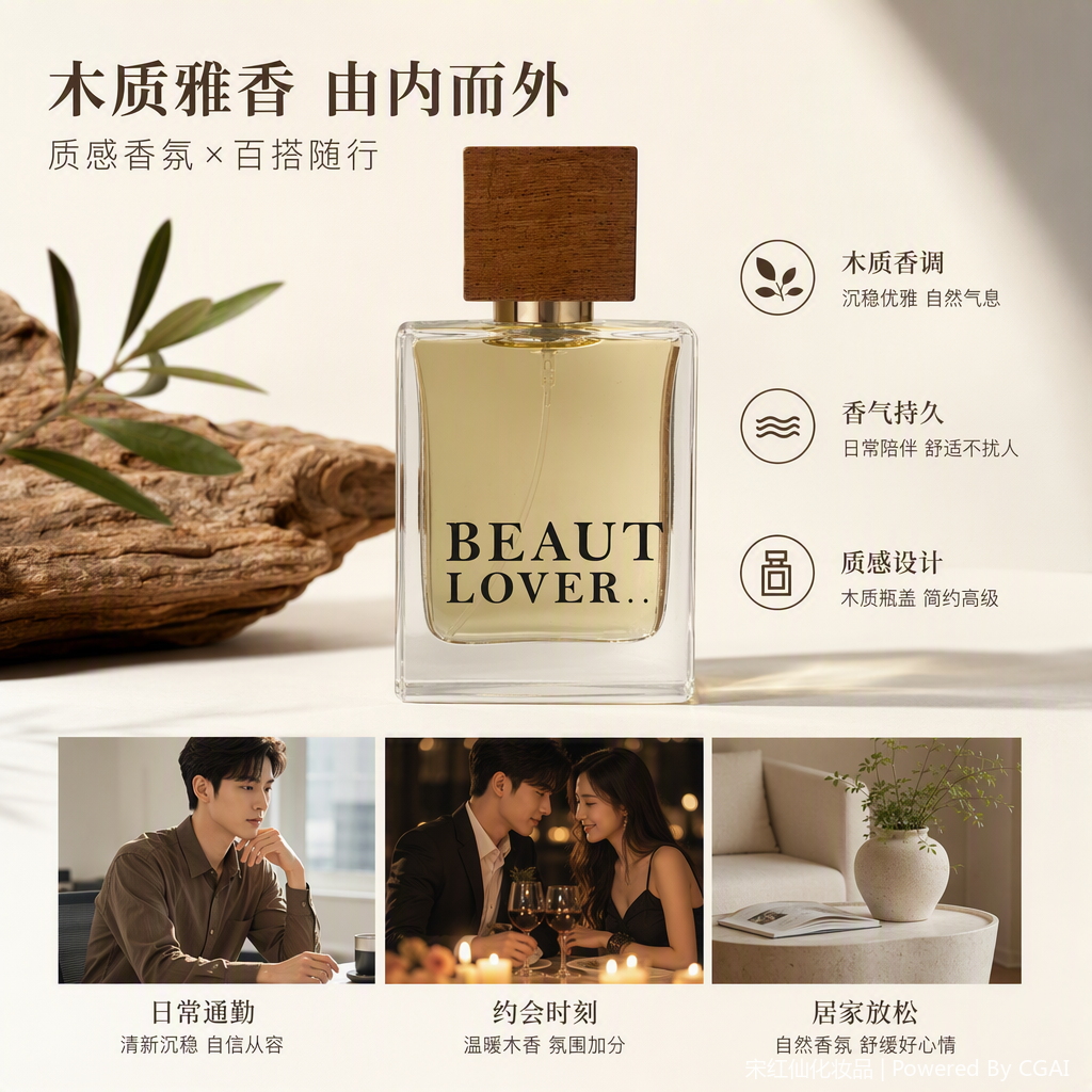 The transparent glass perfume bottle with a wooden lid and a brown packaging box is simple and fashionable