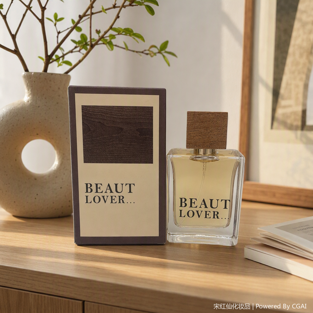 The transparent glass perfume bottle with a wooden lid and a brown packaging box is simple and fashionable details Picture
