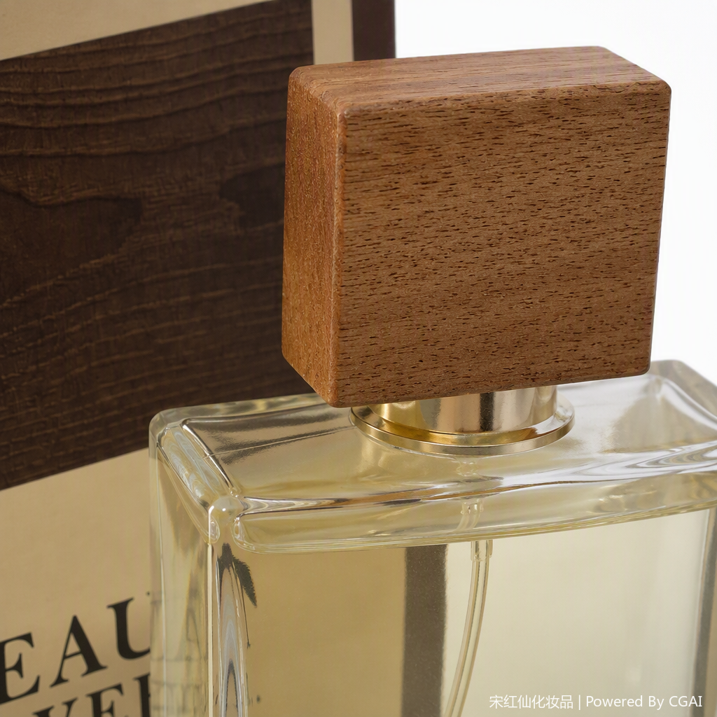 The transparent glass perfume bottle with a wooden lid and a brown packaging box is simple and fashionable Application Scenario