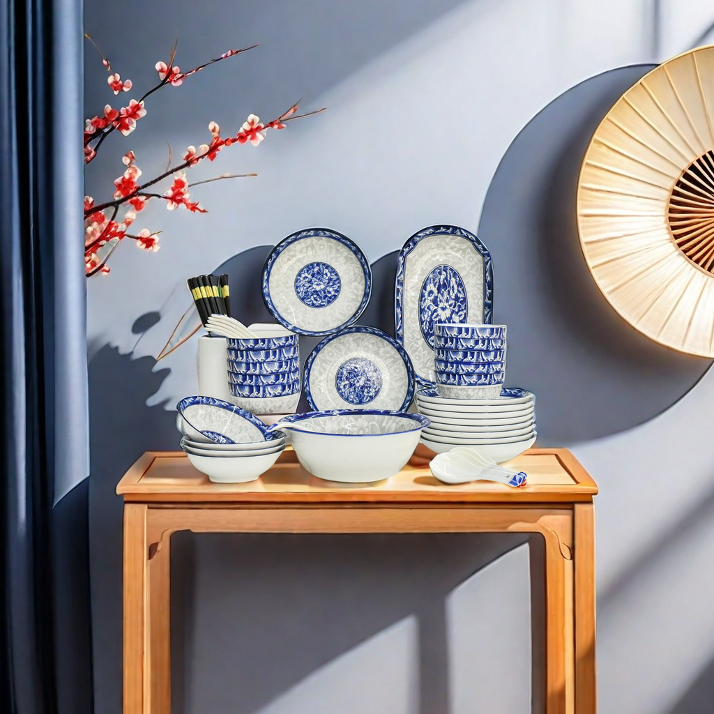 Factory direct sales of Jingdezhen Japanese-style blue and white porcelain tableware sets. Home dining bowls, chopsticks, plates and plates. Enjoy delicious food starting from elegant tableware