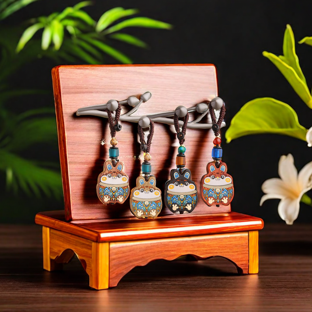 小叶紫檀高档女士包包装饰 创意可爱小兔子彩绘木头汽车钥匙扣挂件 衣帽架装饰品 优雅精致实用礼品